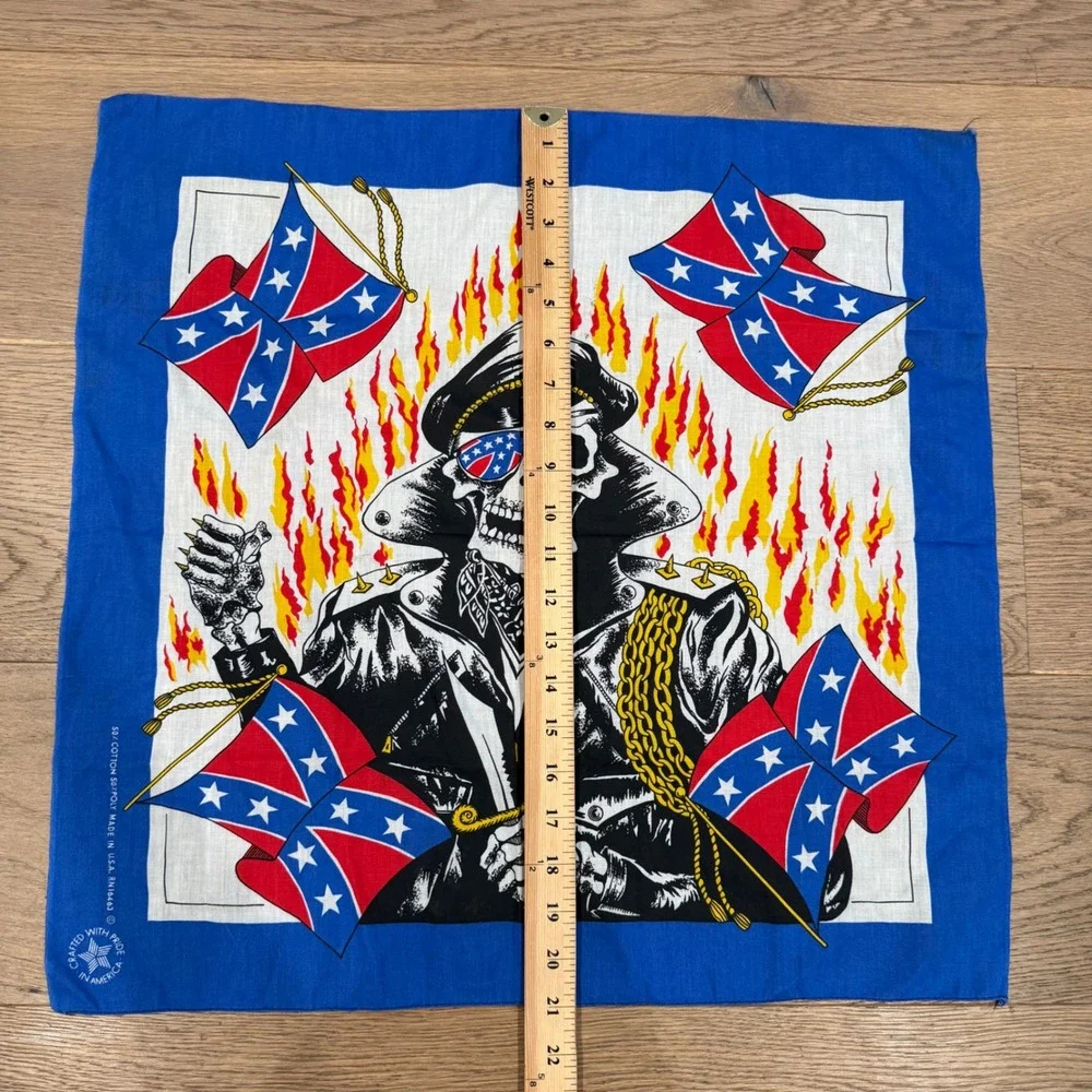 Vintage Biker Bandana Skeleton Rider Confederate Flag Blue 21x21 USA Made